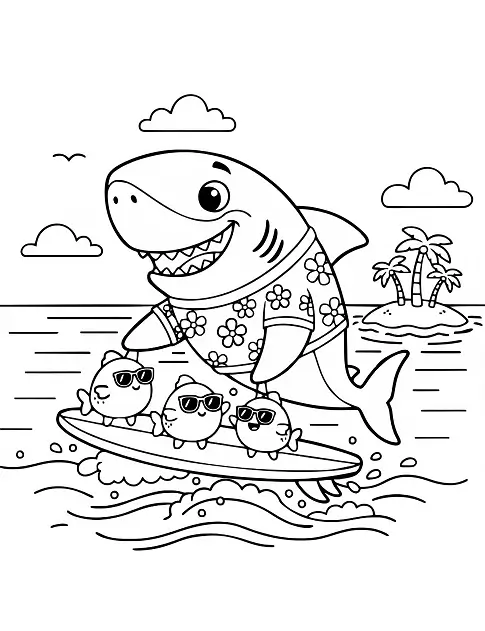 Tropical Shark and Fish Surfers Coloring Page by Mindset Flow Tropical Shark and Fish Surfers Coloring Page by Mindset Flow