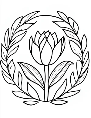 Tulip Flower with Symmetrical Leaf Wreath Coloring Page