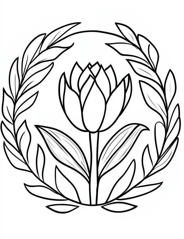 Tulip Flower with Symmetrical Leaf Wreath Coloring Page