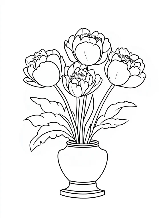 Tulip Flowers in Decorative Vase Coloring Page