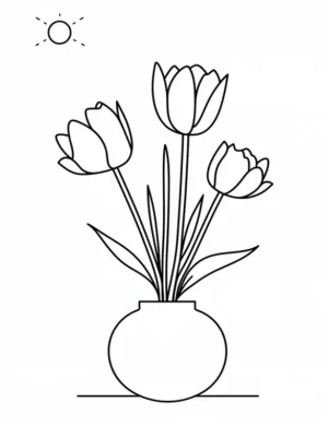 Tulip Garden with Sunny Backdrop Printable Coloring Page