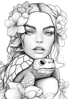 Turtle And Woman With Flowers Adult Coloring Page By Mindset Flow