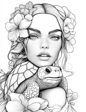 Turtle And Woman With Flowers Adult Coloring Page By Mindset Flow