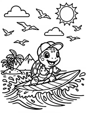 Turtle Surfing on a Leaf Surfboard Coloring Page By Mindset Flow