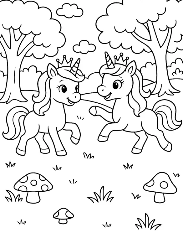 Twin Unicorns with Crowns Playing Coloring Page