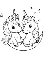 Two Adorable Unicorns Sitting on Crescent Moon with Stars Coloring Page