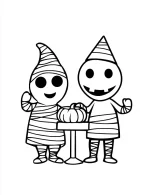 Two Cartoon Mummies with Pumpkin Coloring Page by Mindset Flow