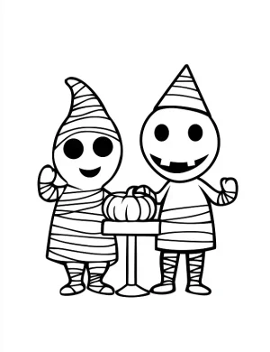 Two Cartoon Mummies with Pumpkin Coloring Page by Mindset Flow
