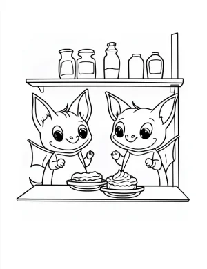 Two Cute Bats In a Kitchen Coloring Page by Mindset Flow