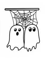 Two Cute Ghosts Hanging on Spider Web Halloween Coloring Page by Mindset Flow