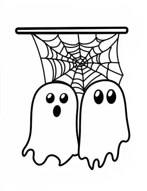 Two Cute Ghosts Hanging on Spider Web Halloween Coloring Page by Mindset Flow