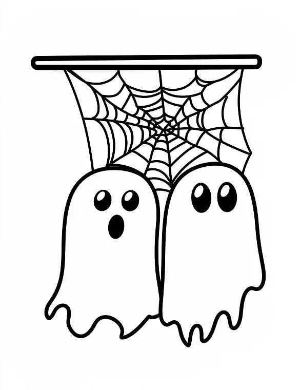 Two Cute Ghosts Hanging on Spider Web Halloween Coloring Page by Mindset Flow