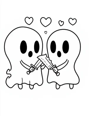Two Cute Ghosts Holding a Sword Coloring Page by Mindset Flow
