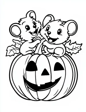 Two Cute Mice Sitting on a Carved Pumpkin Coloring Page by Mindset Flow