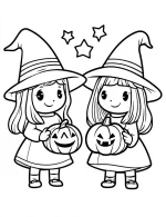 Two Cute Witches Holding Jack-O-Lanterns Halloween Coloring Page by Mindset Flow