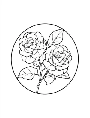 Two Peony Flowers Inside Circle Frame Coloring Page