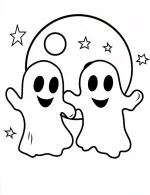 Two Playful Ghosts Holding Hands Under a Large Full Moon With Stars Coloring Page by Mindset Flow