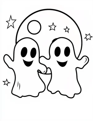Two Playful Ghosts Holding Hands Under a Large Full Moon With Stars Coloring Page by Mindset Flow