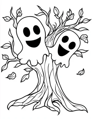 Two Playful Ghosts Peeking Around a Spooky Tree Coloring Page by Mindset Flow