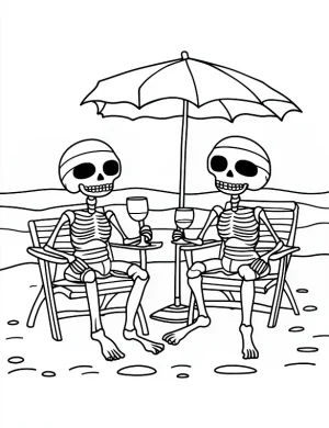Two Skeletons Chilling At The Beach Coloring Page by Mindset Flow