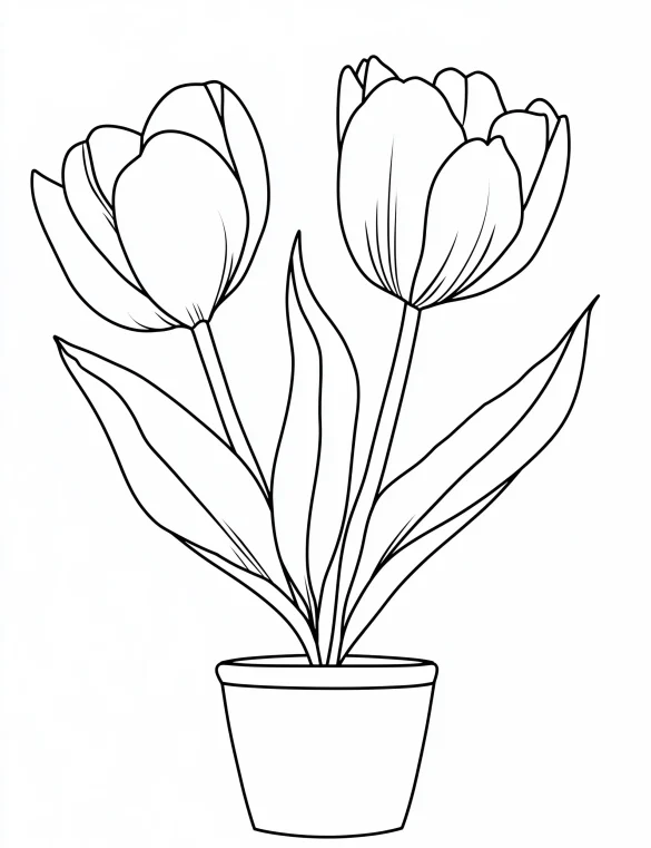 Two Tulip Flowers in Flowerpot Coloring Page