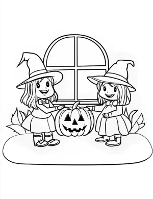 Two Witches in Front of Window Halloween Coloring Page by Mindset Flow