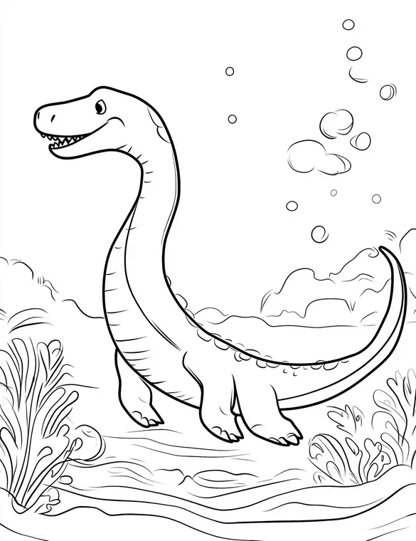Underwater Dinosaur Swimming with Bubbles Prehistoric Sea Life Coloring Page