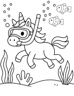 Underwater Unicorn Adventure with Snorkel and Fishes Coloring Page