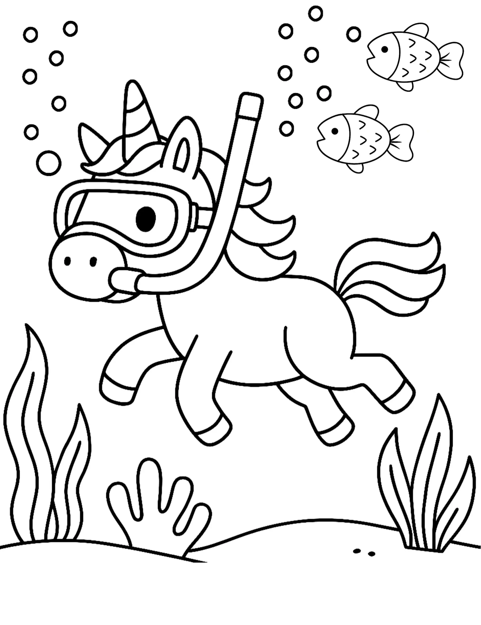 Underwater Unicorn Adventure with Snorkel and Fishes Coloring Page