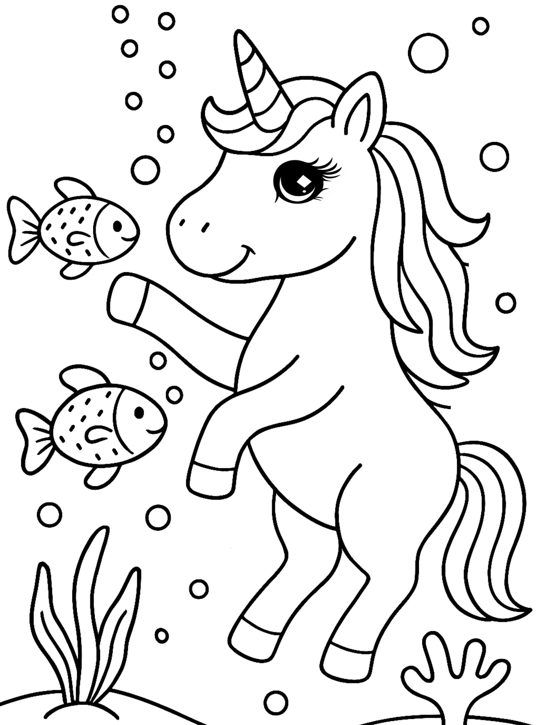Underwater Unicorn Playing with Fishes Coloring Page
