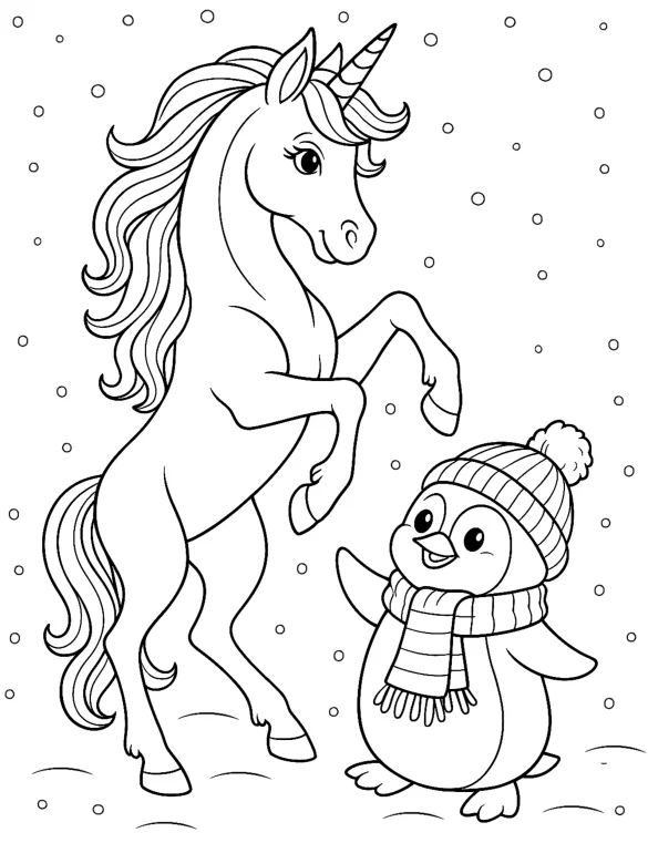 Unicorn Dancing with Penguin in Snowy Winter Scene Coloring Page