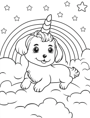 Unicorn Dog Sitting on Clouds with Rainbow and Stars Coloring Page