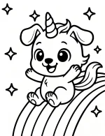 Unicorn Dog Sliding on Rainbow with Stars Coloring Page