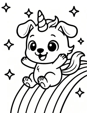 Unicorn Dog Sliding on Rainbow with Stars Coloring Page