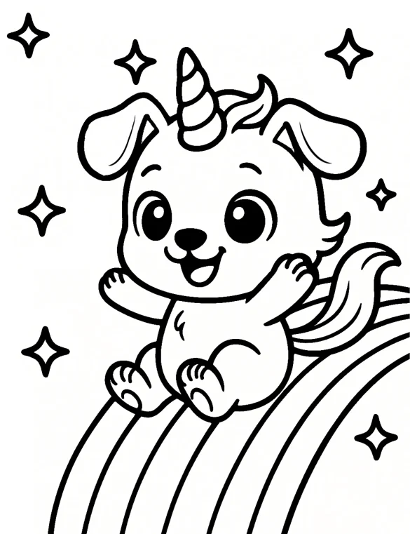 Unicorn Dog Sliding on Rainbow with Stars Coloring Page