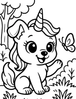 Unicorn Dog with Butterfly in Enchanted Forest Coloring Page