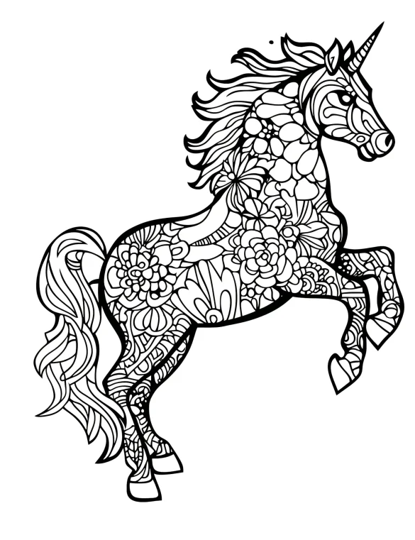 Unicorn Filled with Decorative Floral Mandala Patterns Coloring Page
