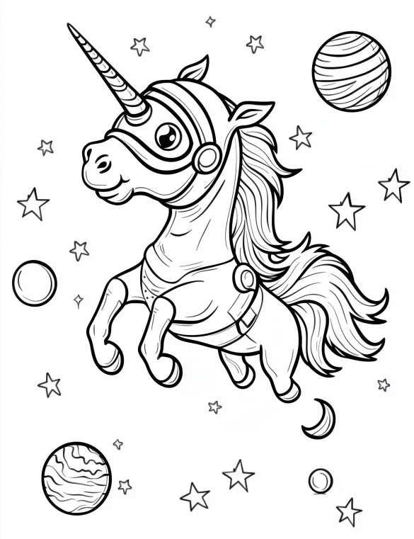 Unicorn Floating in Space Wearing an Astronaut Helmet Coloring Page