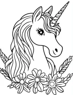 Unicorn Head Surrounded by Flowers and Leaves Coloring Page