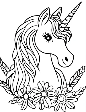 Unicorn Head Surrounded by Flowers and Leaves Coloring Page
