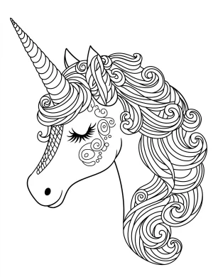 Unicorn Head with Swirled Mane and Mandala Patterns Coloring Page