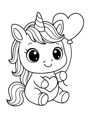 Unicorn Holding Heart Balloon Coloring Page