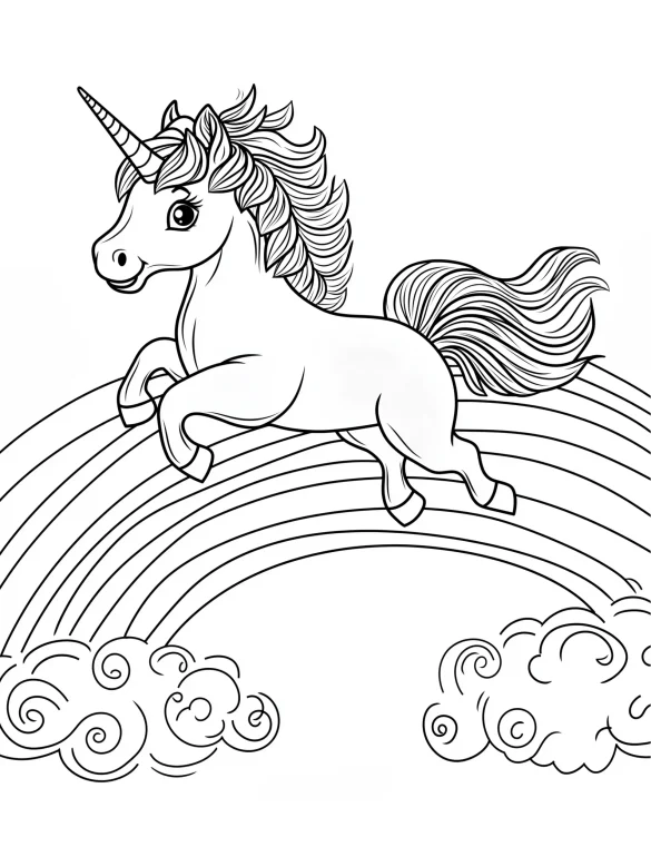 Unicorn Jumping Over Rainbow with Clouds Coloring Page