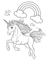 Unicorn Leaping Across Rainbow Sky with Hearts Coloring Page