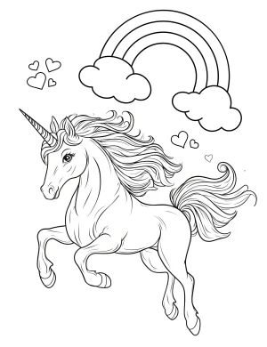 Unicorn Leaping Across Rainbow Sky with Hearts Coloring Page