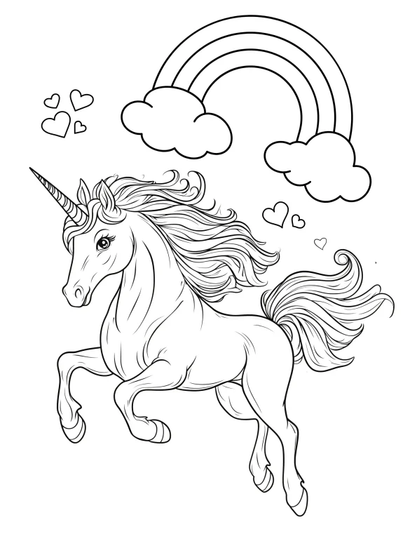 Unicorn Leaping Across Rainbow Sky with Hearts Coloring Page