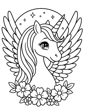 Unicorn Pegasus Head with Wings and Flowers Coloring Page