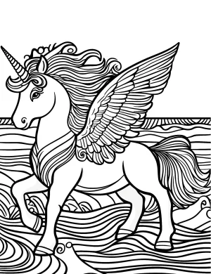 Unicorn Pegasus with Wings and Mandala Waves Coloring Page