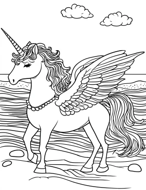 Unicorn Pegasus with Wings and Necklace by the Beach Coloring Page