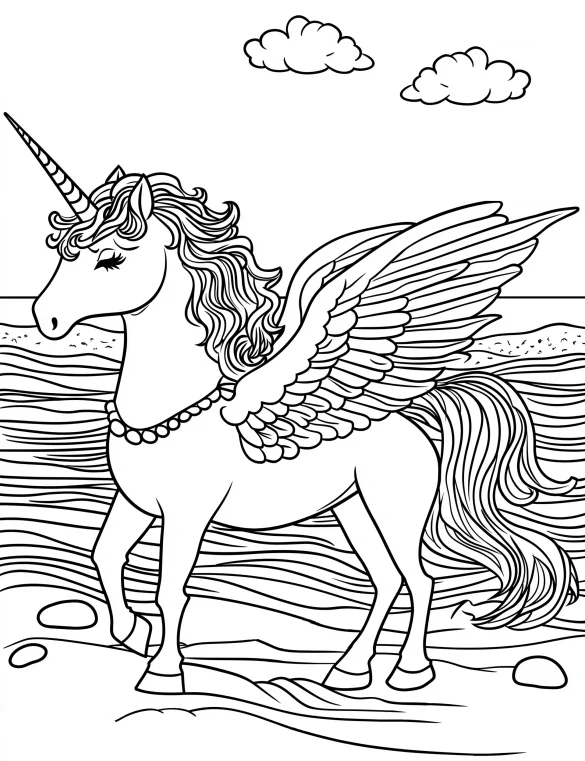 Unicorn Pegasus with Wings and Necklace by the Beach Coloring Page